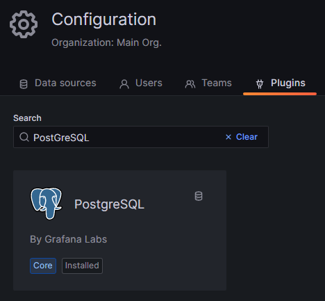 Grafana Configuration page, in the subsection Plugins where the PostgreSQL plugin can be installed