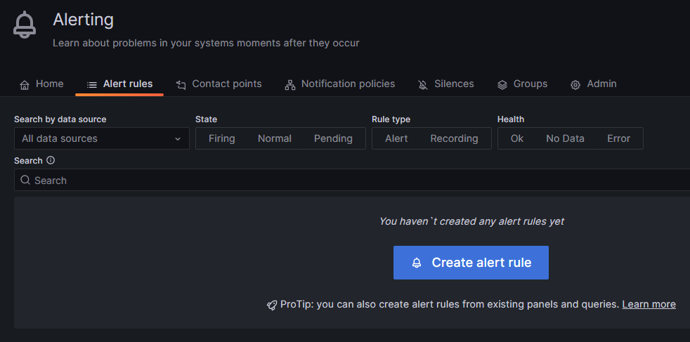 Grafana Alerting page under Alert rules, no rule there yet. The blue create alert button is visible in the middle
