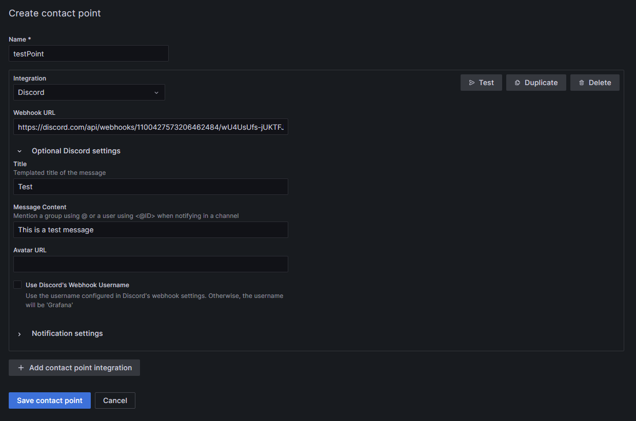 Contact point: name testPoint, URL from a Discord Webhook, title: Test, Message Content: This is a test message