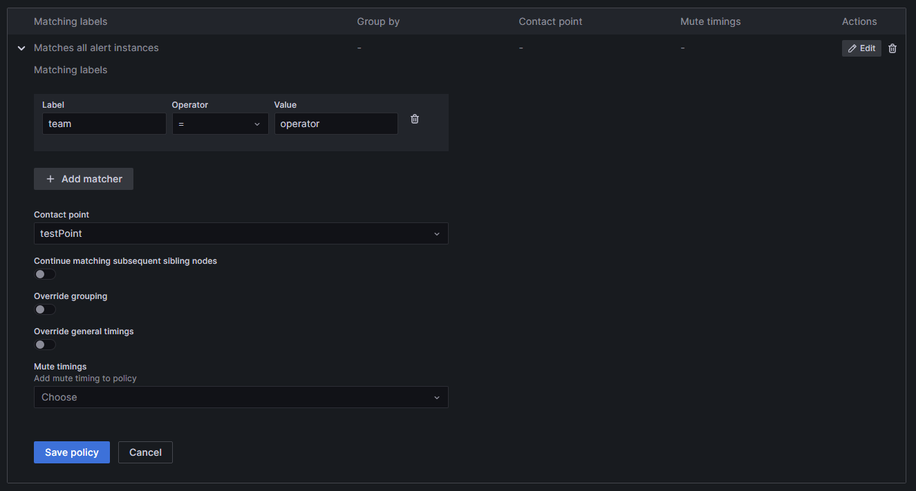 Notification Policy: label: team = operator, contact point: testPoint, no Mute timing set