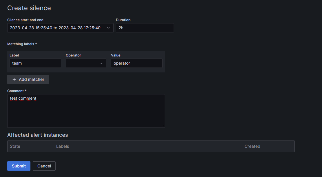 Silence: Start and end date and time set, Duration 2h, label: team = operator, comment test comment